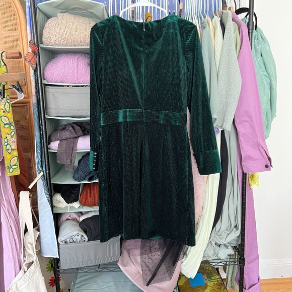 Badgley Mischka – Velvet Metallic Pinstripe Faux Wrap Dress – Emerald Green - Picture 7 of 8